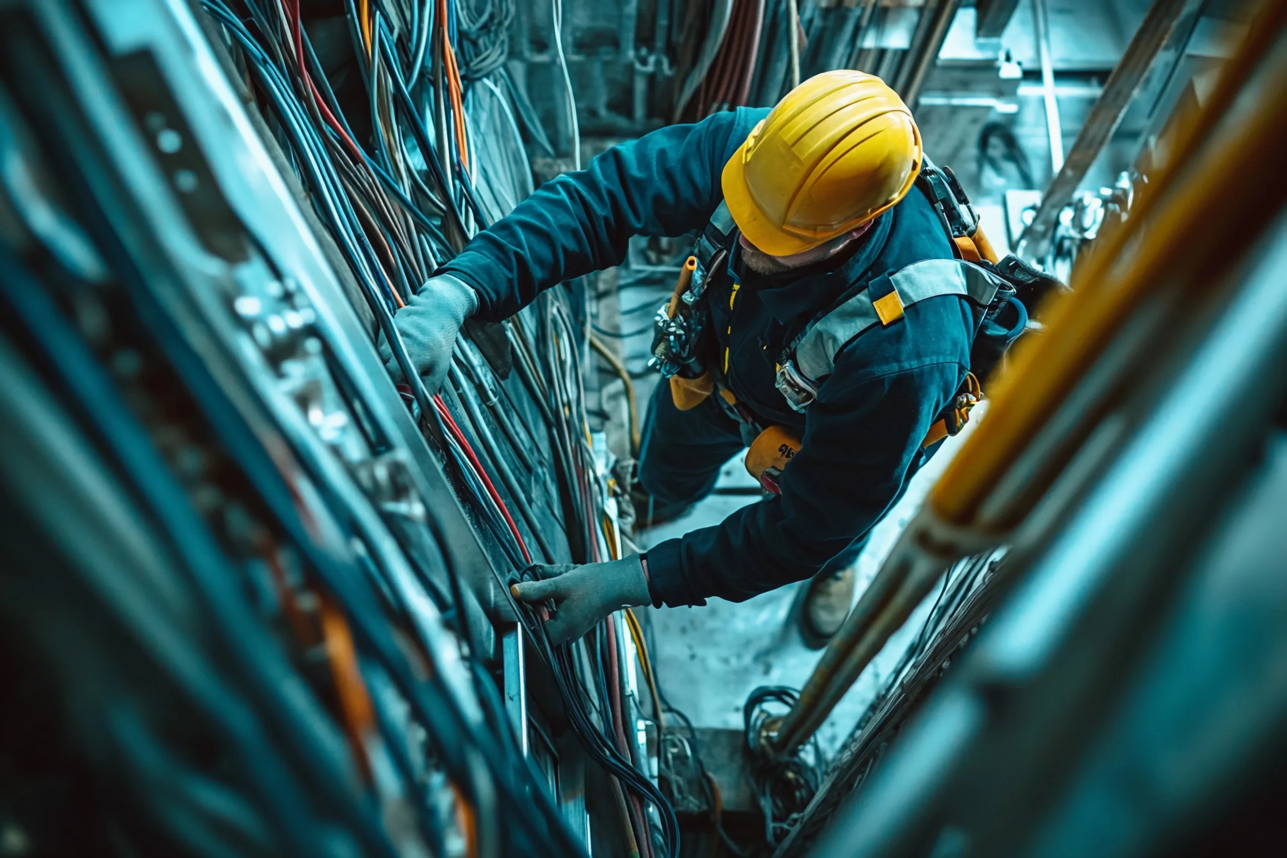 electrician repairs complex wiring systems inside a commercial building